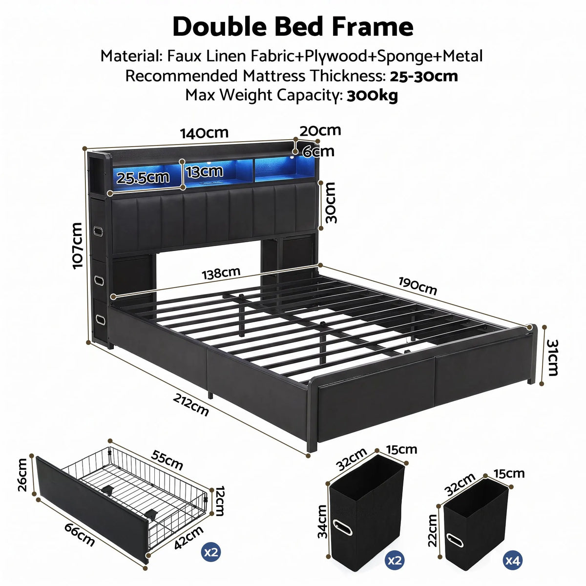 Artiss Double Bed Frame with Storage Headboard, 2 Drawers, Charging Station LED Light - Image 3