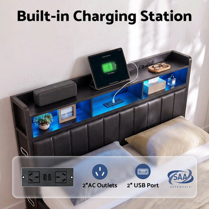 Artiss Double Bed Frame with Storage Headboard, 2 Drawers, Charging Station LED Light - Image 6
