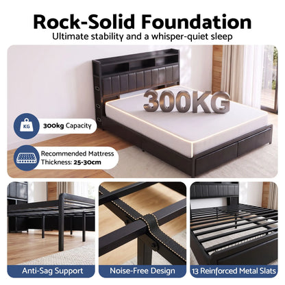 Artiss Double Bed Frame with Storage Headboard, 2 Drawers, Charging Station LED Light - Image 9