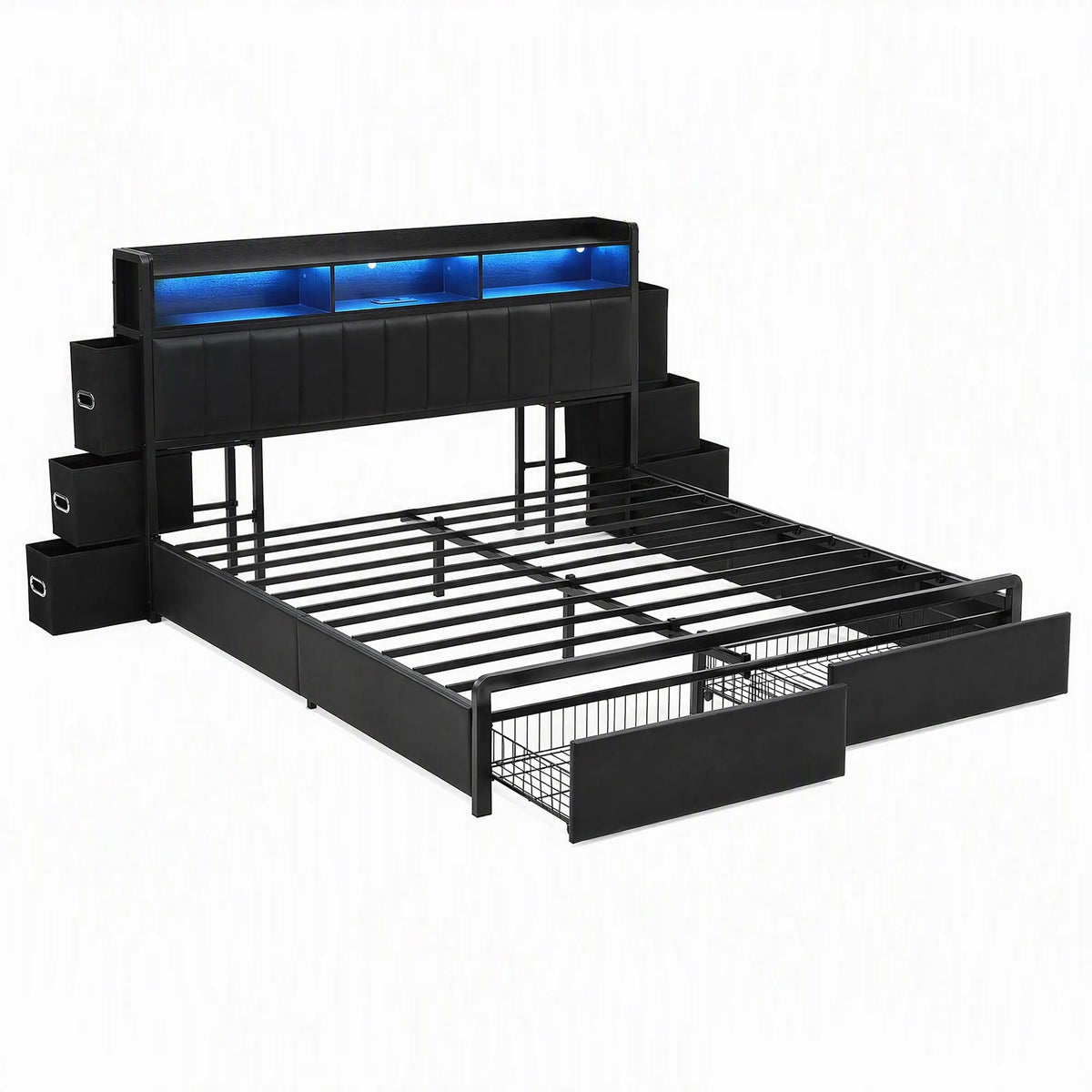Artiss King Bed Frame with Storage Headboard, 2 Drawers, Charging Station & LED Light - Image 2