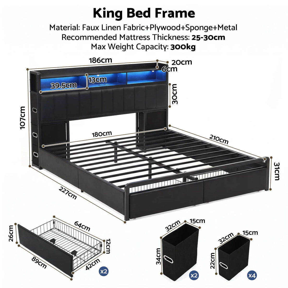 Artiss King Bed Frame with Storage Headboard, 2 Drawers, Charging Station & LED Light - Image 3