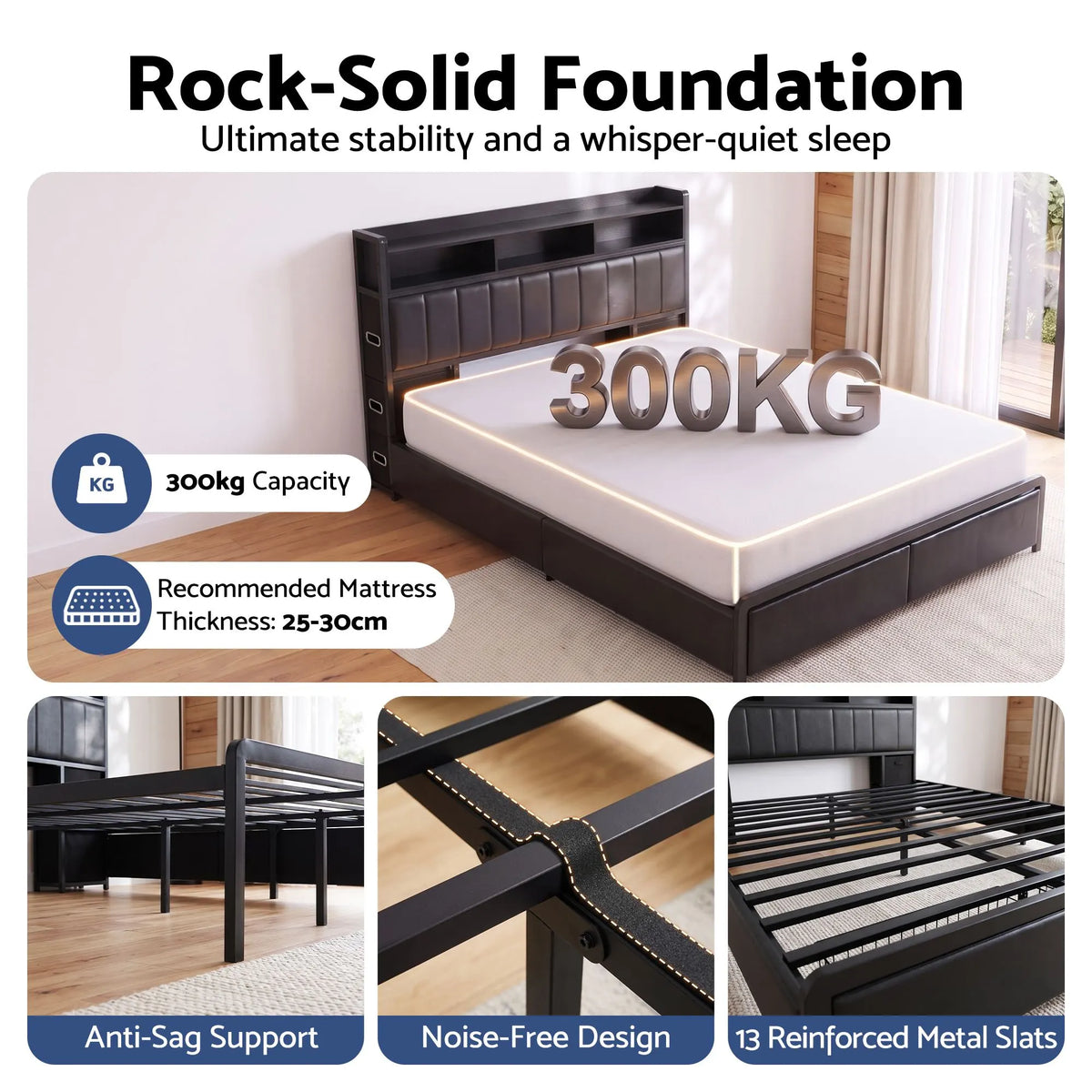 Artiss King Bed Frame with Storage Headboard, 2 Drawers, Charging Station & LED Light - Image 9