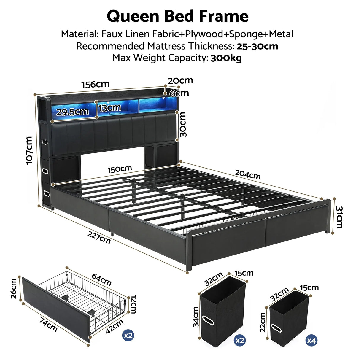 Artiss Queen Bed Frame with Storage Headboard, 2 Drawers, Charging Station& LED Light - Image 3