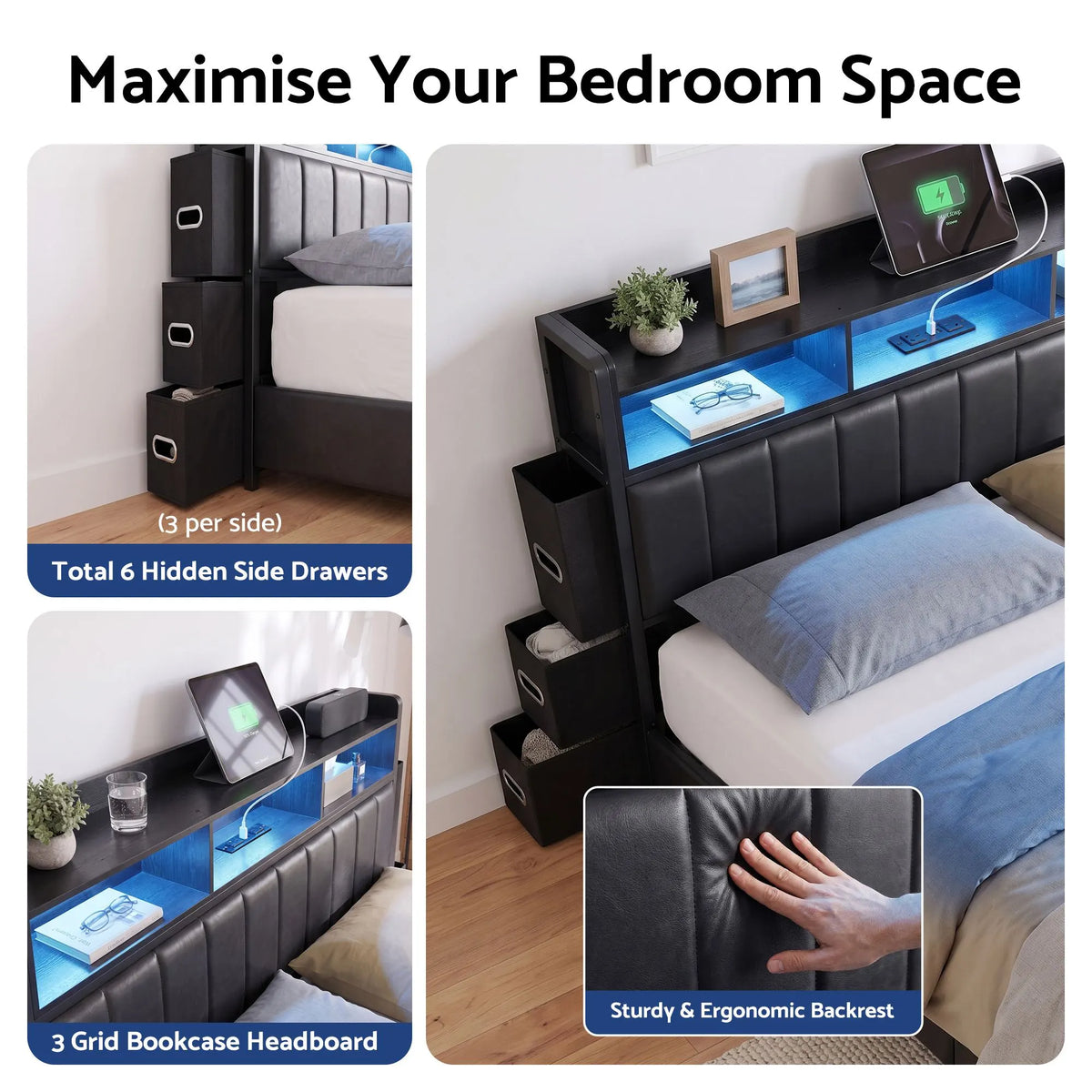 Artiss Queen Bed Frame with Storage Headboard, 2 Drawers, Charging Station& LED Light - Image 5