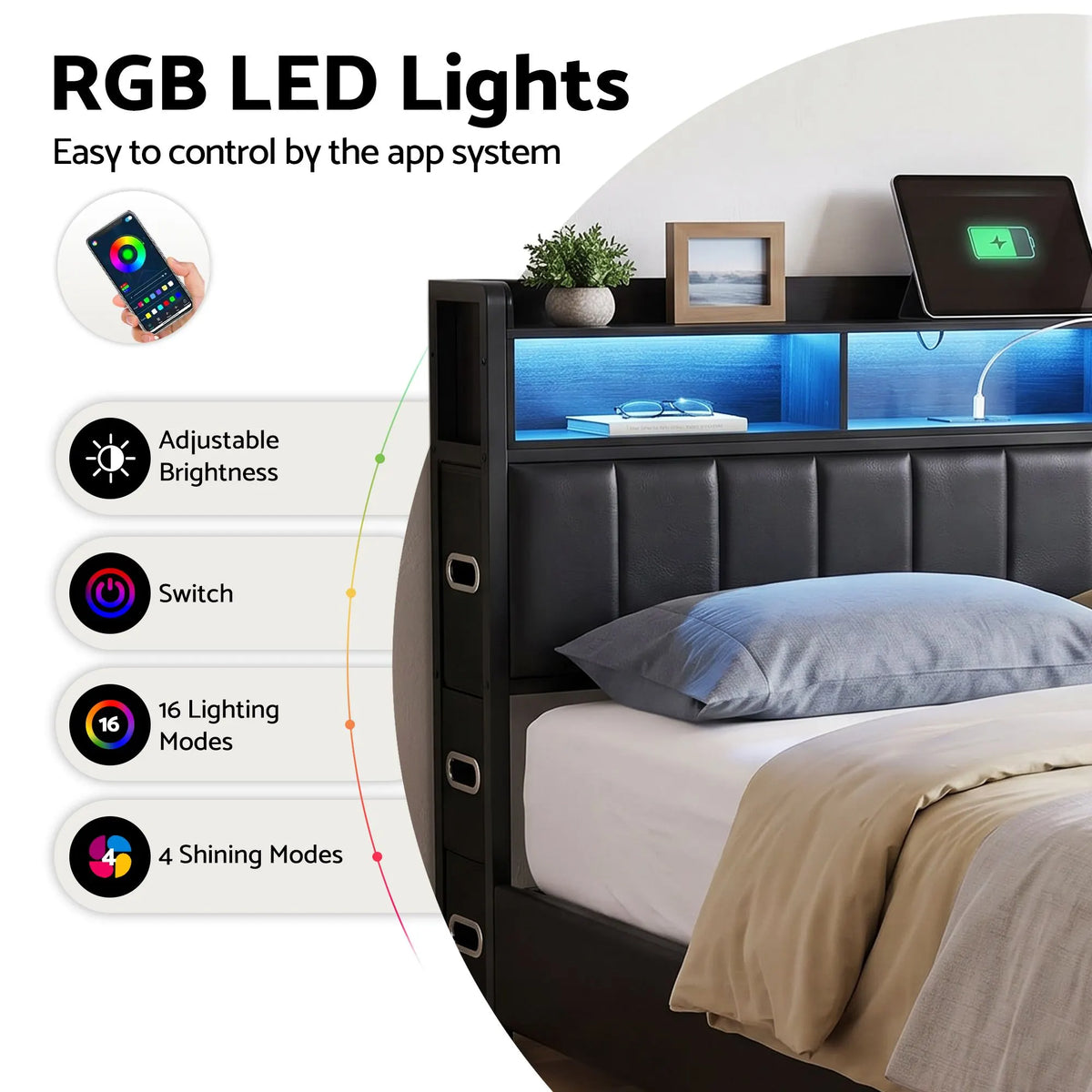 Artiss Queen Bed Frame with Storage Headboard, 2 Drawers, Charging Station& LED Light - Image 8