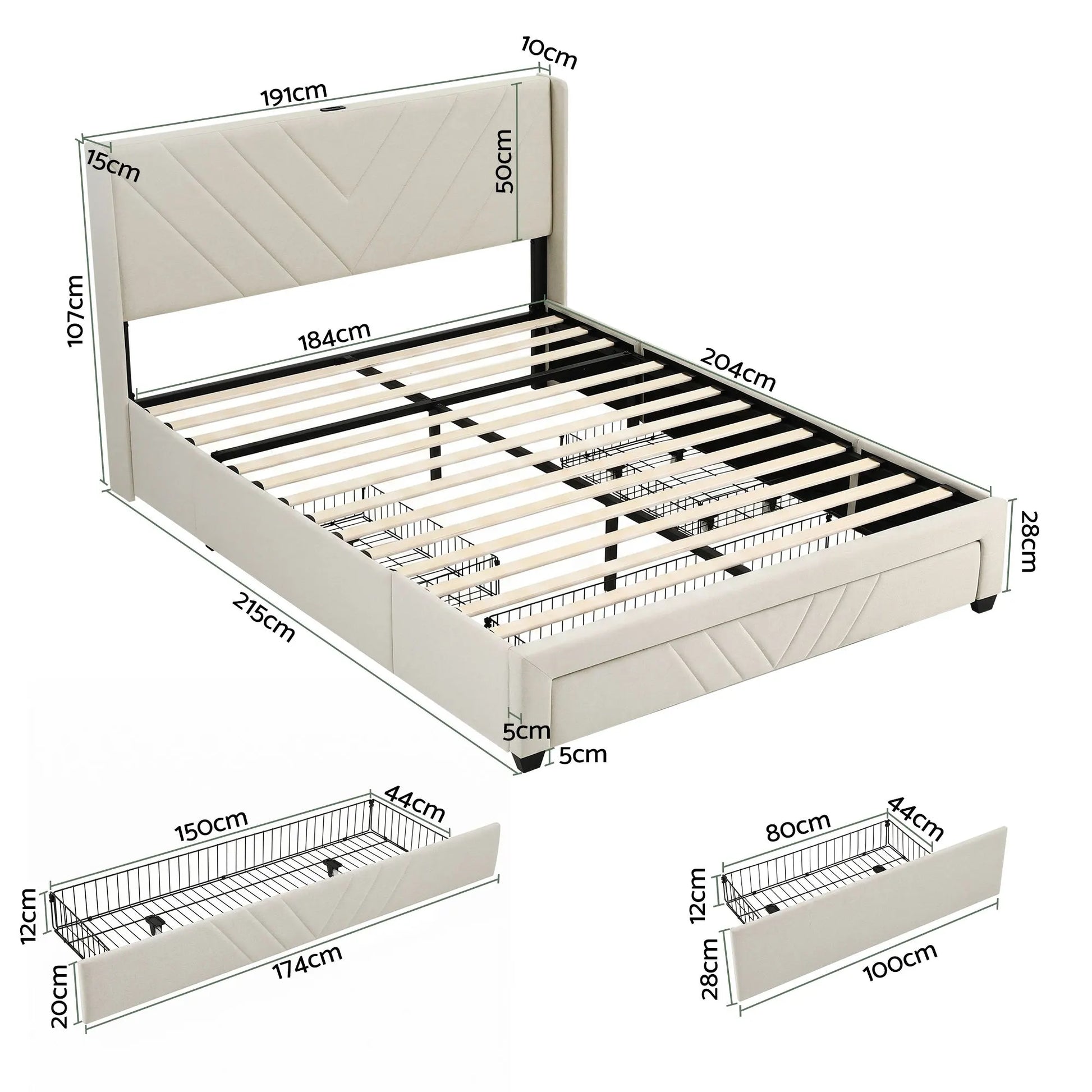 Artiss King Bed Frame with Charging Station and Storage Drawers Beige 300KG Noise Free - Image 3