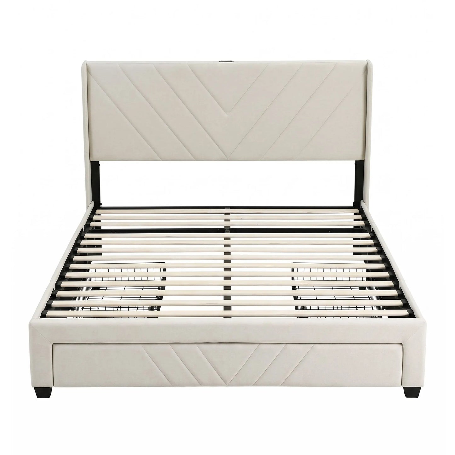 Artiss King Bed Frame with Charging Station and Storage Drawers Beige 300KG Noise Free - Image 4