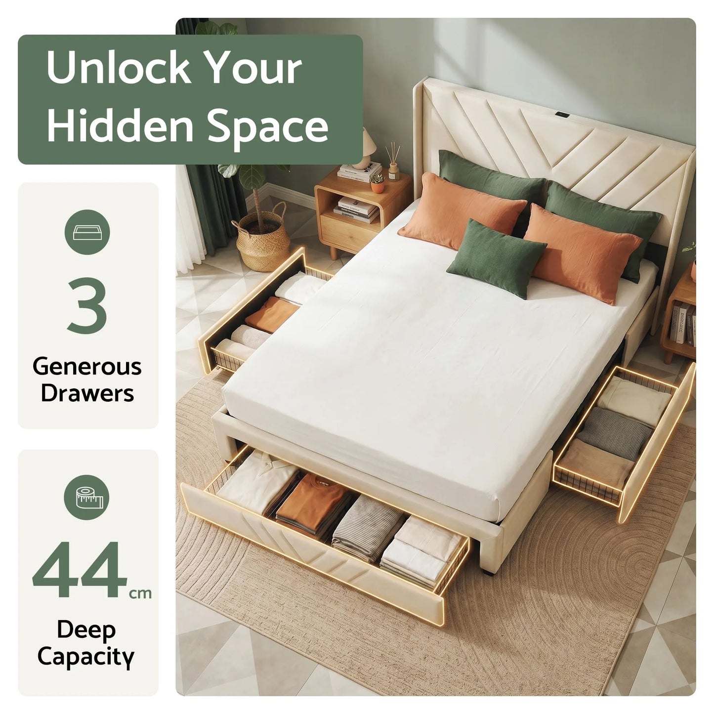 Artiss King Bed Frame with Charging Station and Storage Drawers Beige 300KG Noise Free - Image 5