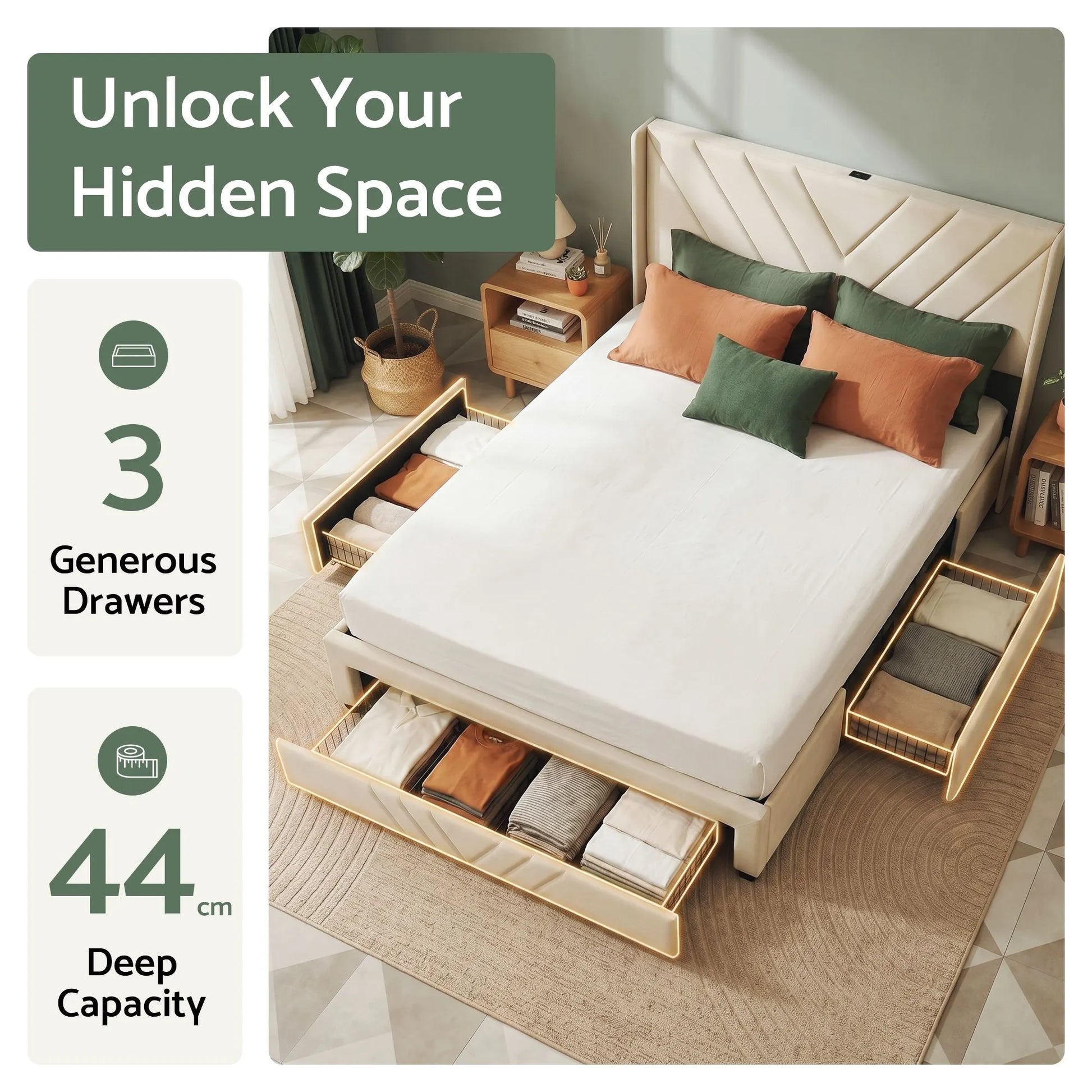 Artiss King Bed Frame with Charging Station and Storage Drawers Beige 300KG Noise Free - Image 5