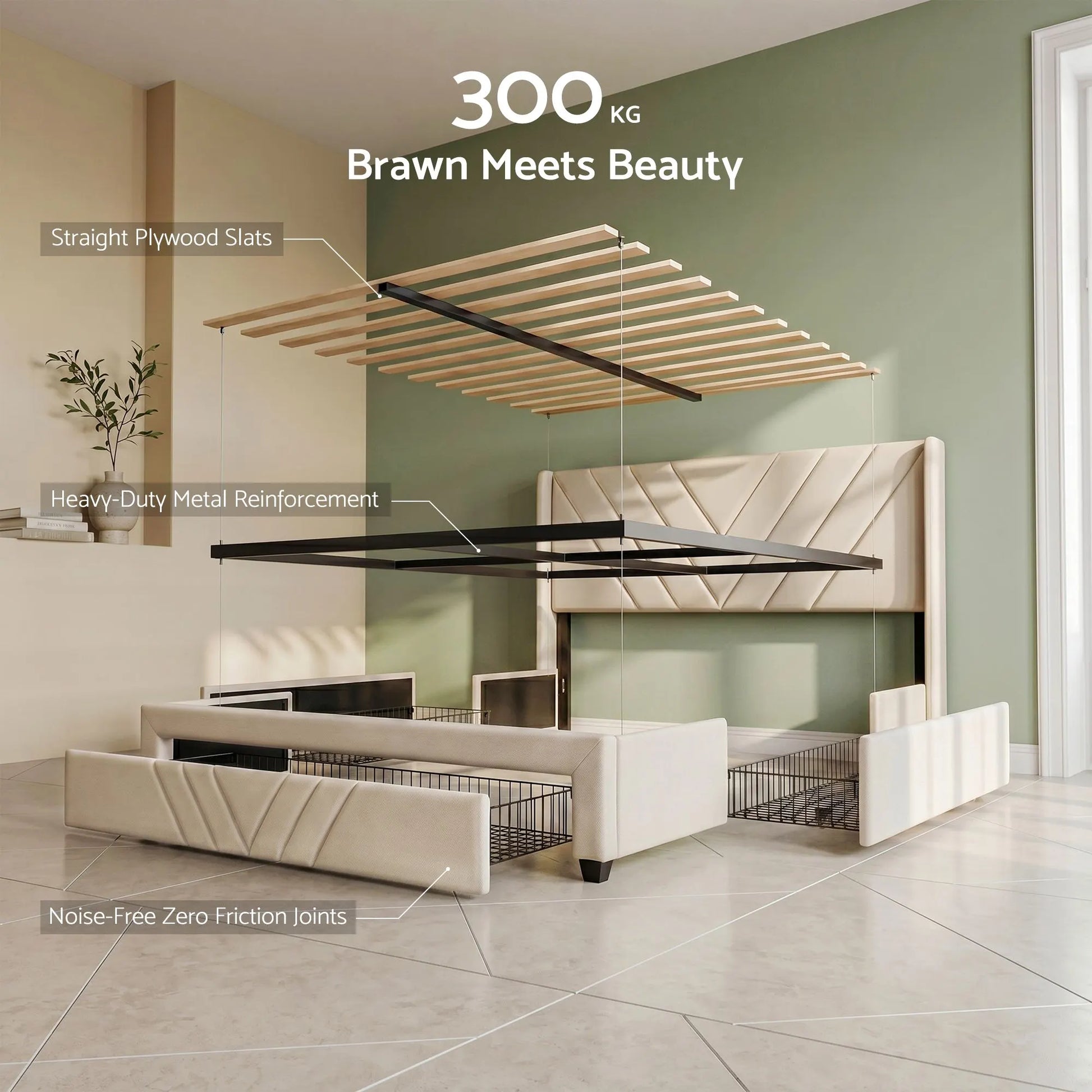 Artiss King Bed Frame with Charging Station and Storage Drawers Beige 300KG Noise Free - Image 8