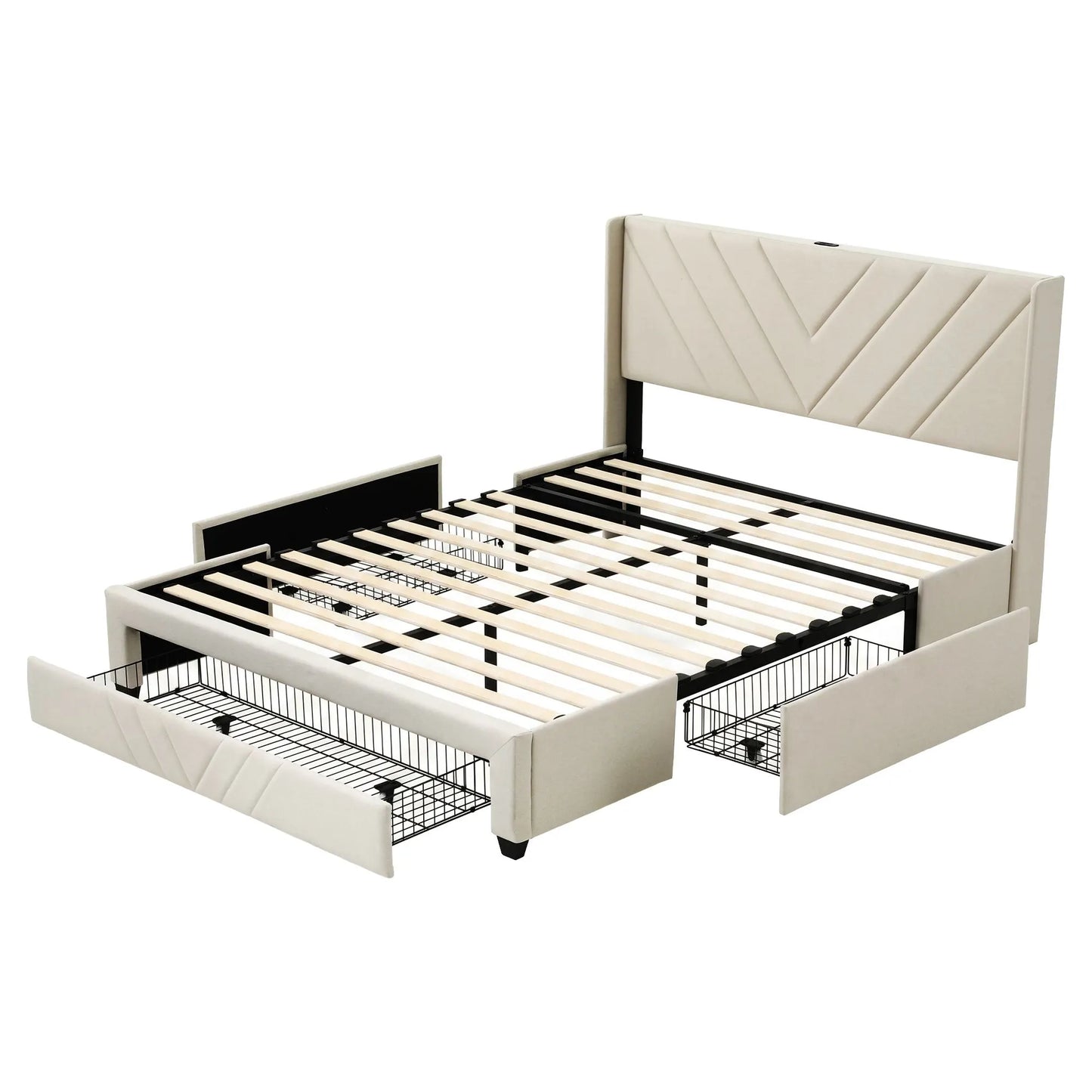 Artiss Queen Bed Frame with Charging Station and Storage Drawers Beige 300KG Noise Free - Image 2