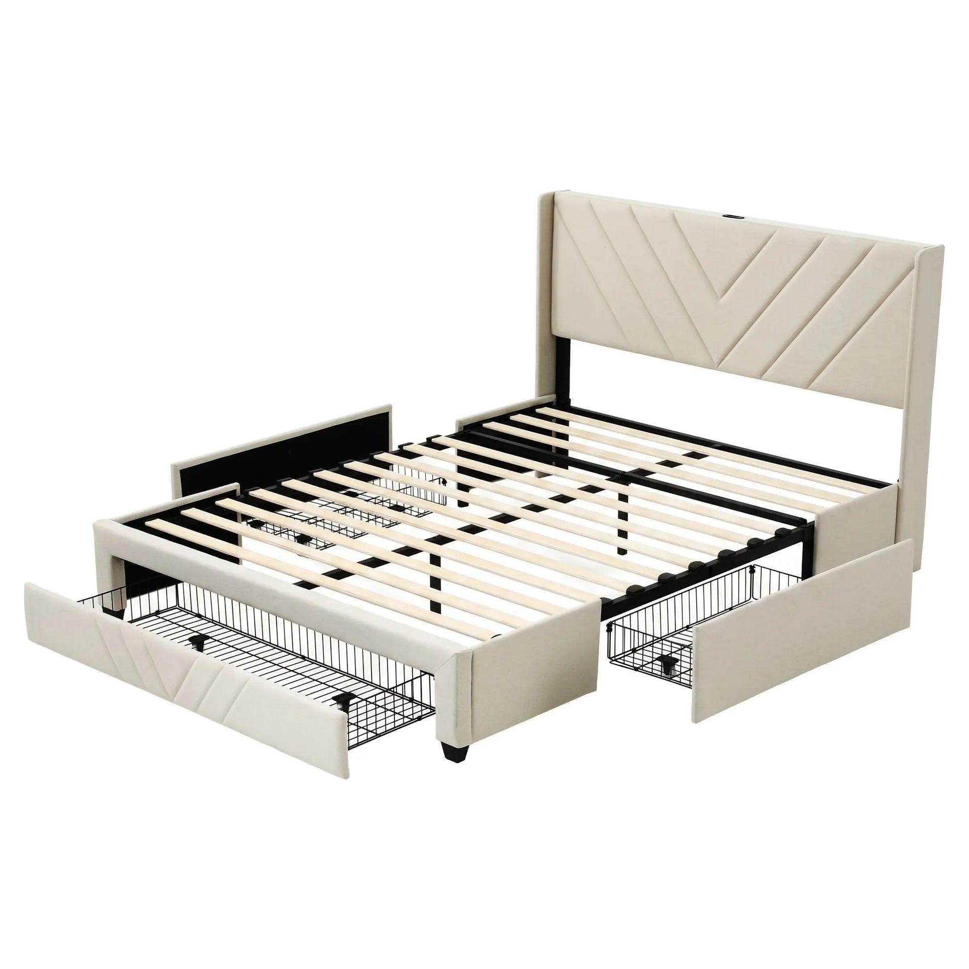 Artiss Queen Bed Frame with Charging Station and Storage Drawers Beige 300KG Noise Free - Image 2