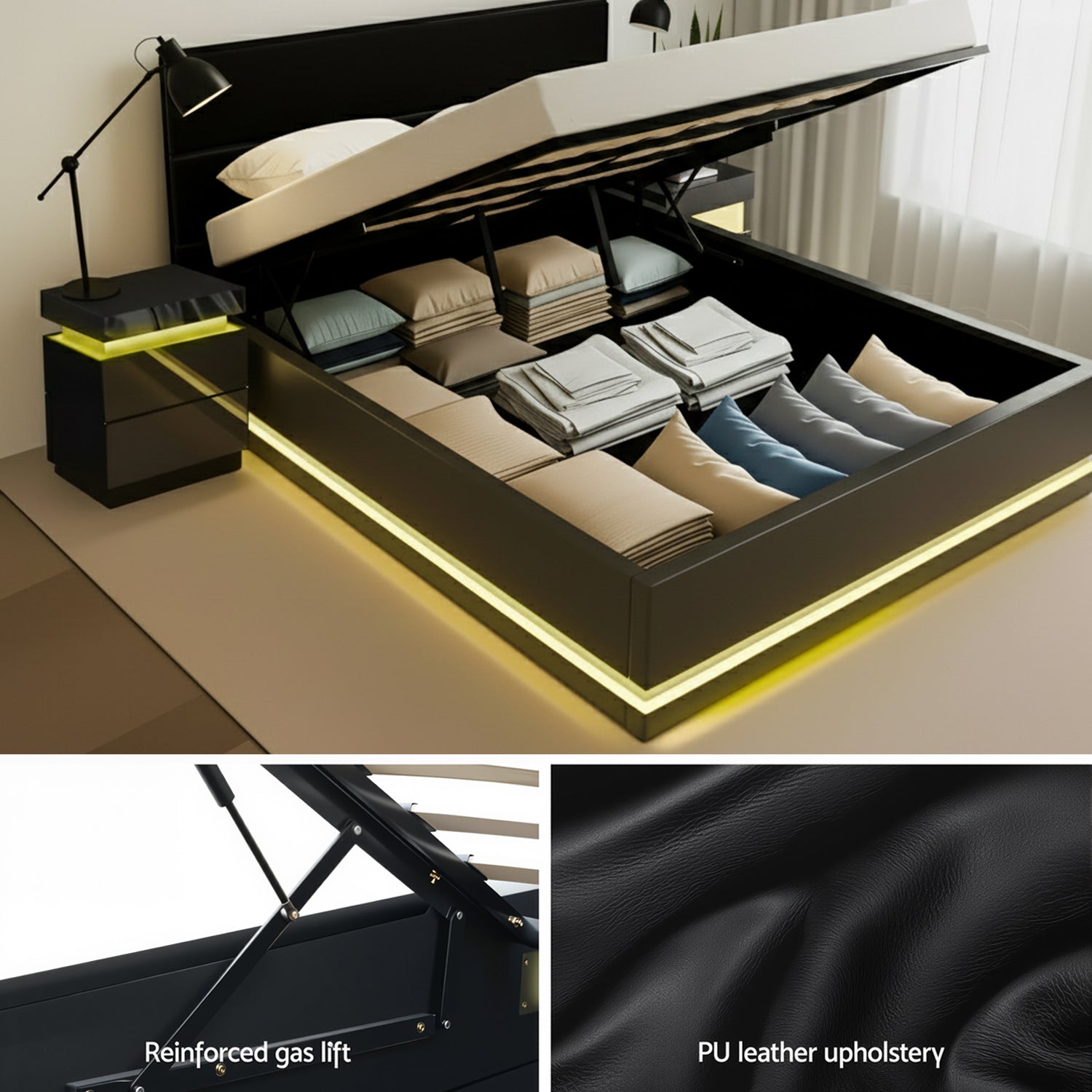 Artiss RGB LED Queen Bed Frame with 2 Beside Tables Set 16 Colour Mood Lighting - Image 5