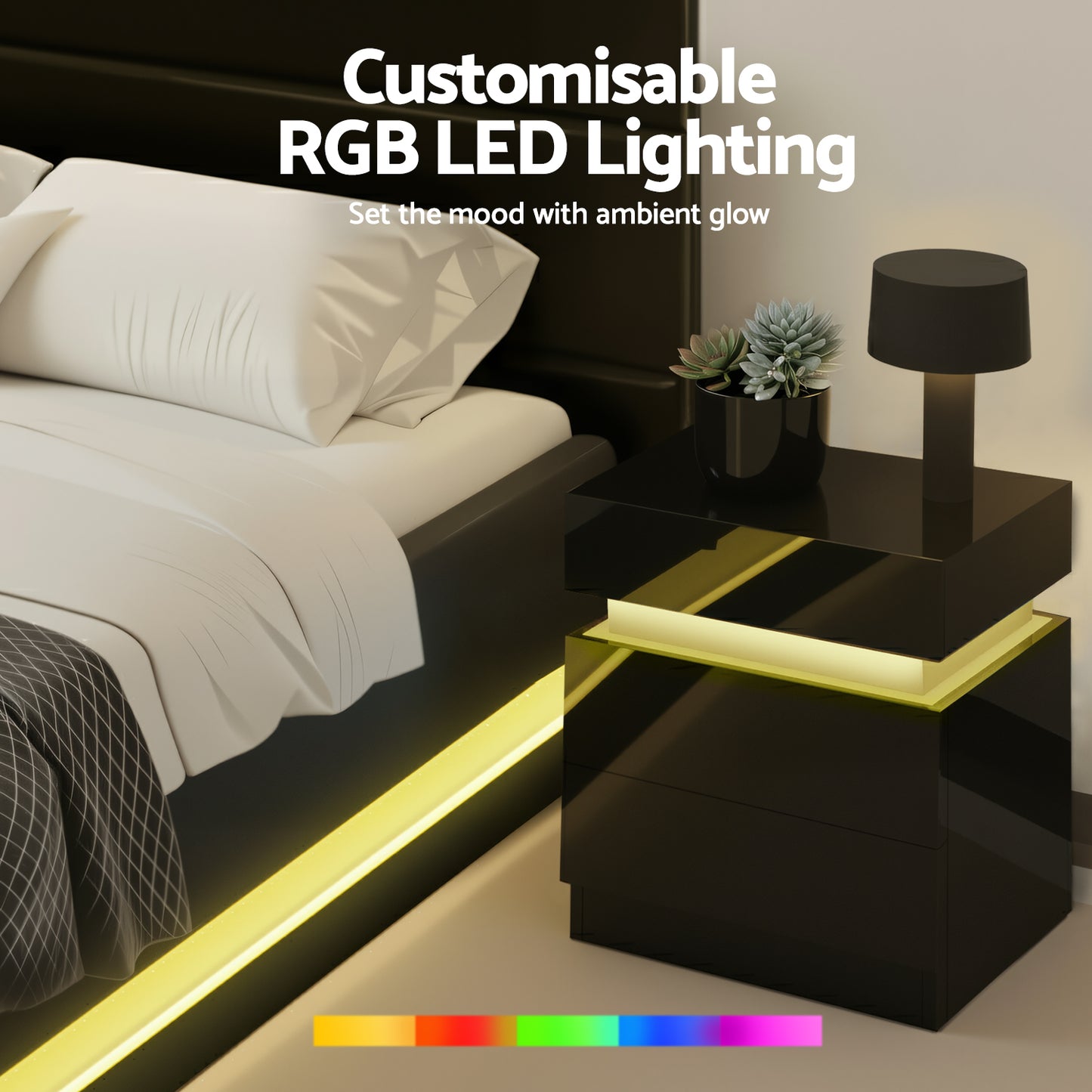 Artiss RGB LED Queen Bed Frame with 2 Beside Tables Set 16 Colour Mood Lighting - Image 6
