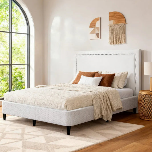 Artiss Queen Bed Frame with Headboard Platform Bed Base Grey Beige Fabric Metal
