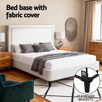 Artiss Queen Bed Frame with Headboard Platform Bed Base Grey Beige Fabric Metal - Image 4