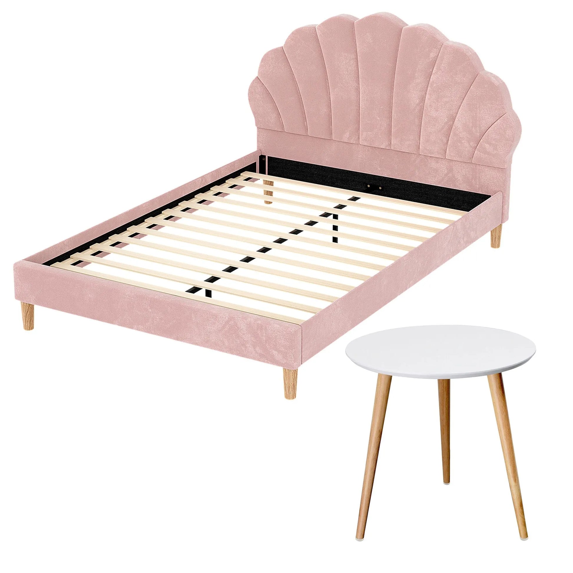 Artiss Double Bed Frame and Round Coffee Table Set Pink Velvet Bedhead with Wooden Side Table - Image 2
