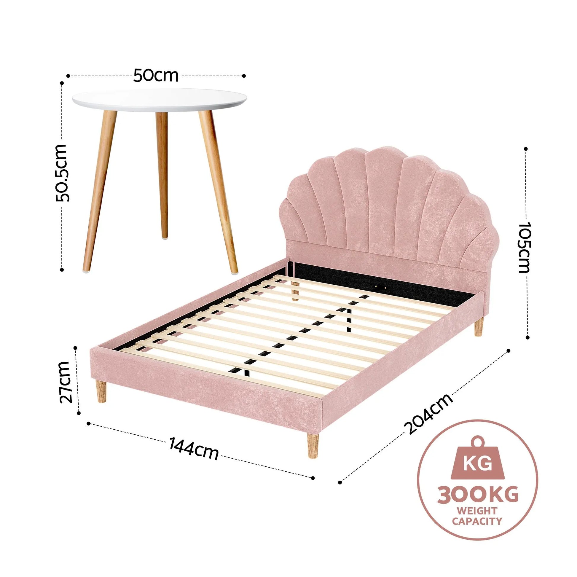 Artiss Double Bed Frame and Round Coffee Table Set Pink Velvet Bedhead with Wooden Side Table - Image 3