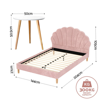 Artiss Double Bed Frame and Round Coffee Table Set Pink Velvet Bedhead with Wooden Side Table - Image 3
