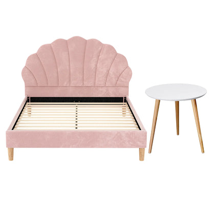Artiss Double Bed Frame and Round Coffee Table Set Pink Velvet Bedhead with Wooden Side Table - Image 4