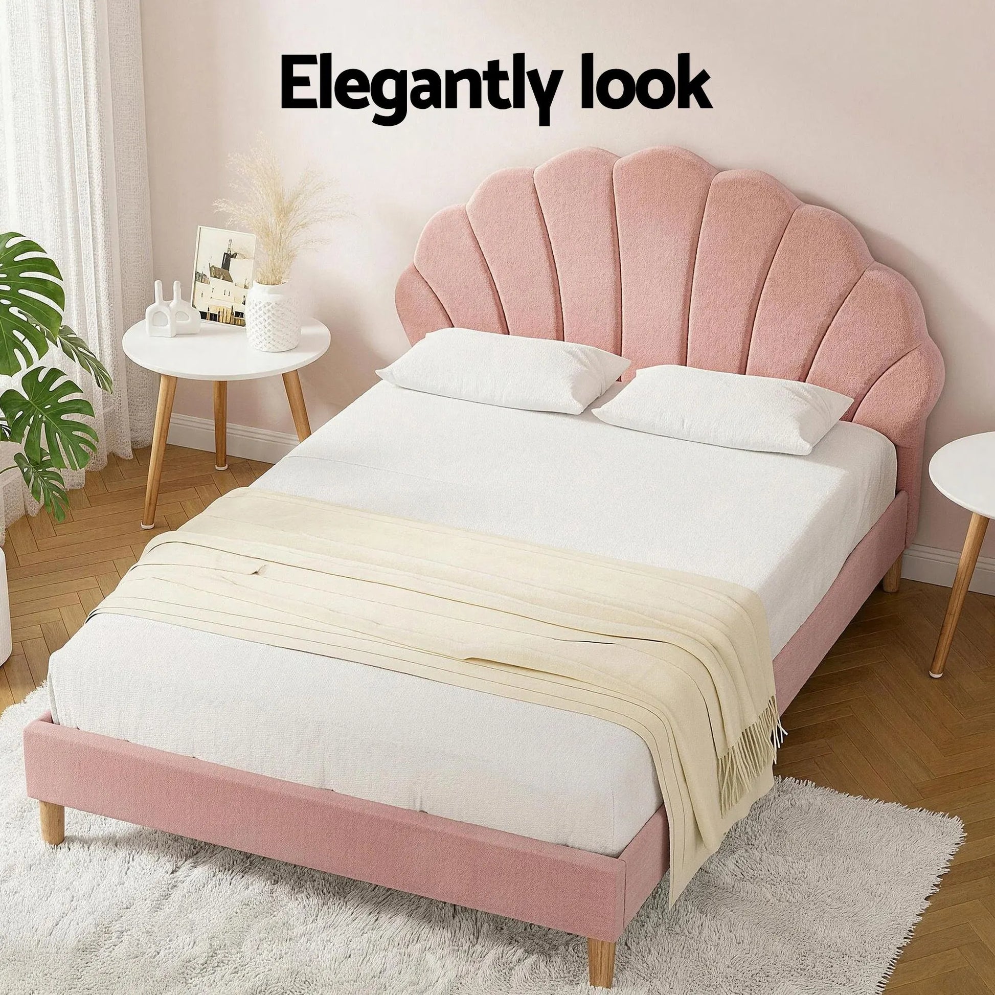 Artiss Double Bed Frame and Round Coffee Table Set Pink Velvet Bedhead with Wooden Side Table - Image 5
