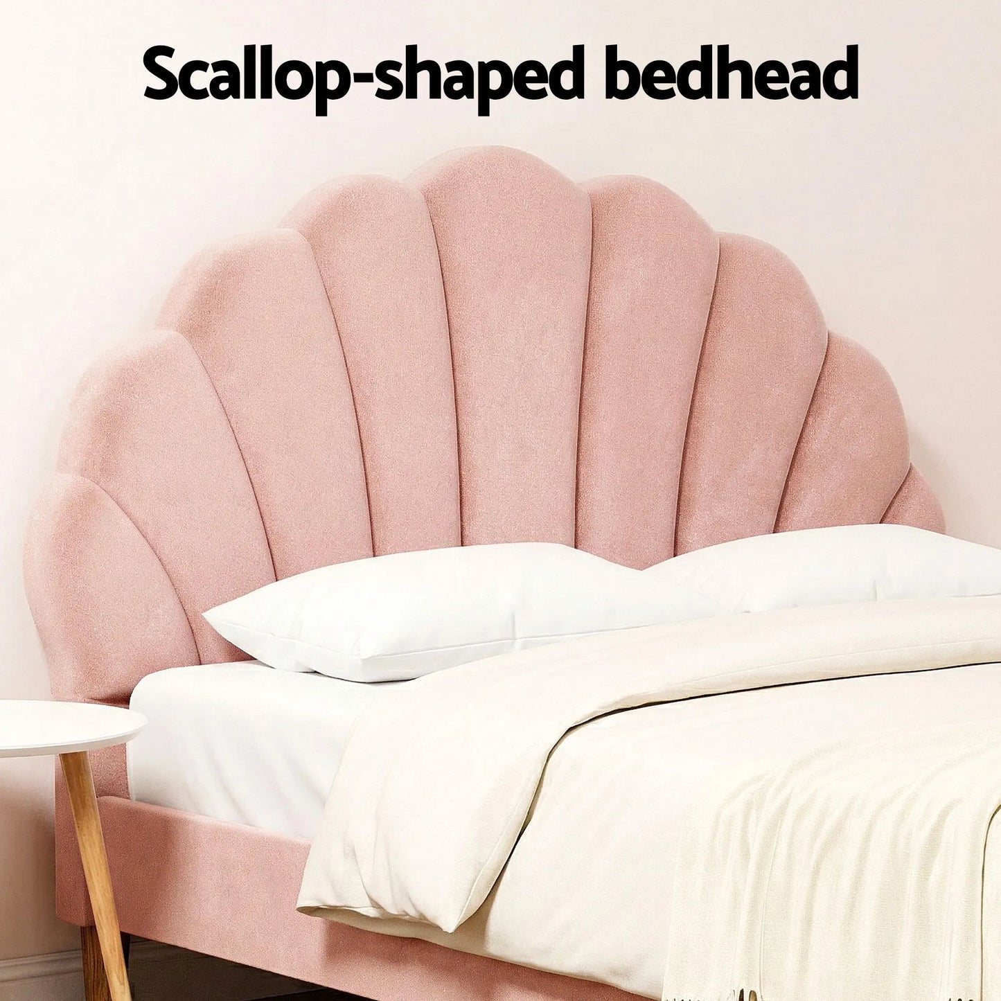 Artiss Double Bed Frame and Round Coffee Table Set Pink Velvet Bedhead with Wooden Side Table - Image 6