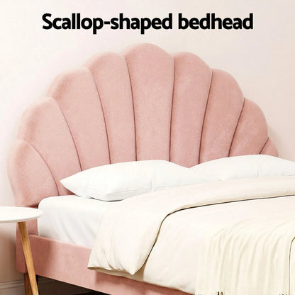 Artiss Double Bed Frame and Round Coffee Table Set Pink Velvet Bedhead with Wooden Side Table - Image 6