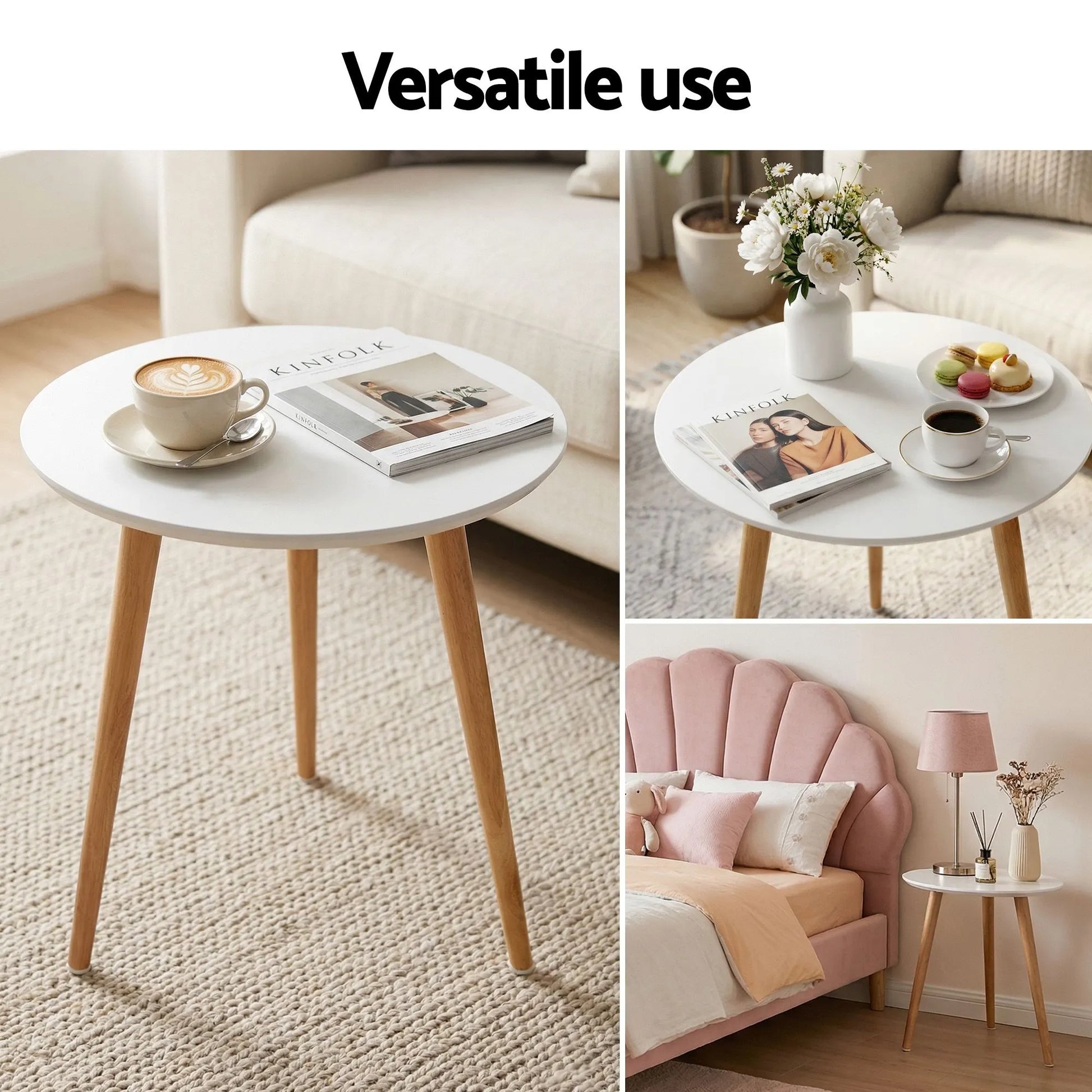 Artiss Double Bed Frame and Round Coffee Table Set Pink Velvet Bedhead with Wooden Side Table - Image 8