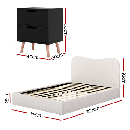 Artiss Double Bed Frame and Bedside Table Set Boucle Beige with Headboard Black Nightstand - Image 2
