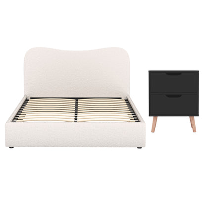 Artiss Double Bed Frame and Bedside Table Set Boucle Beige with Headboard Black Nightstand - Image 3