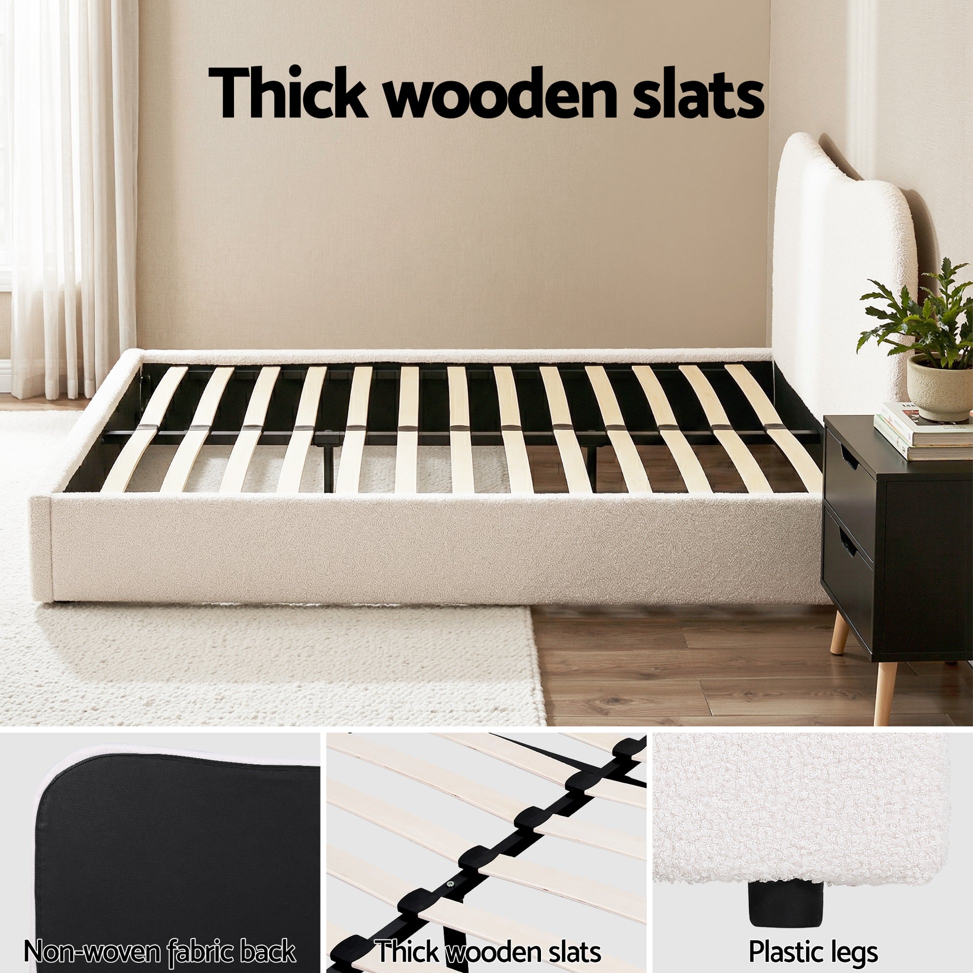 Artiss Double Bed Frame and Bedside Table Set Boucle Beige with Headboard Black Nightstand - Image 5