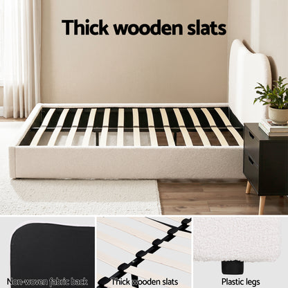 Artiss Double Bed Frame and Bedside Table Set Boucle Beige with Headboard Black Nightstand - Image 5