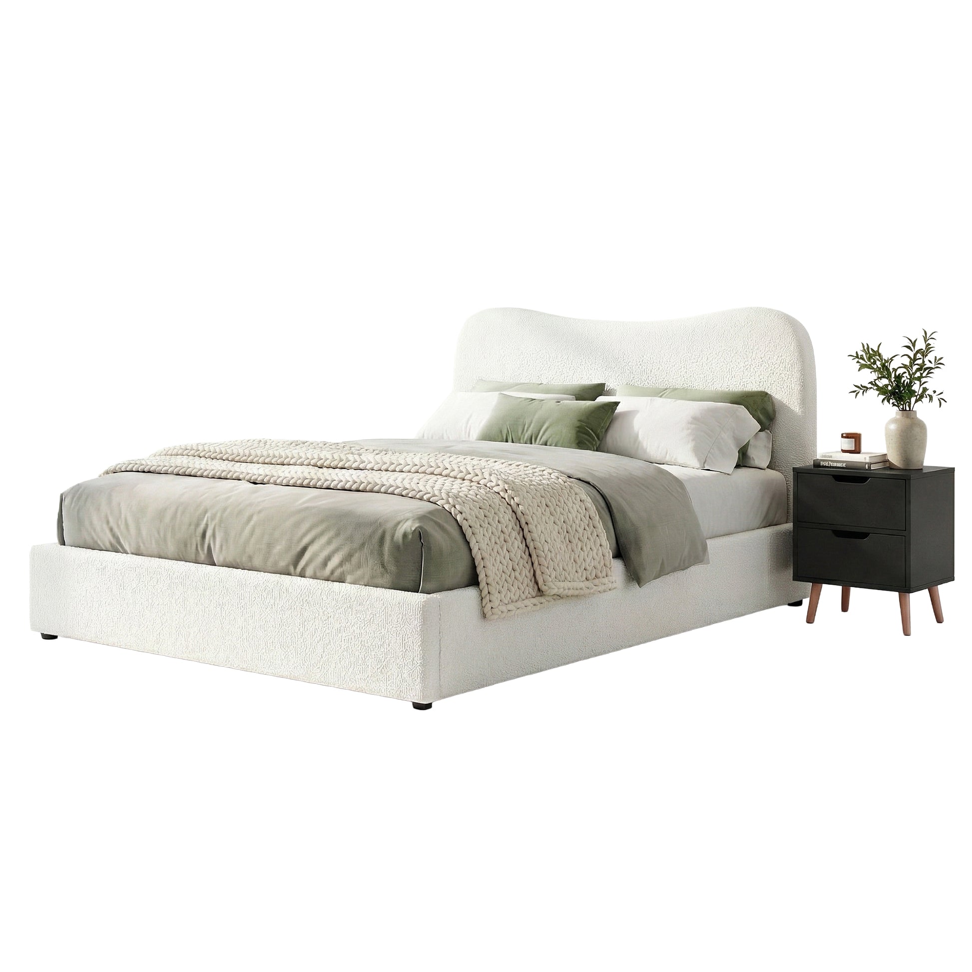 Artiss Double Bed Frame and Bedside Table Set Boucle Beige with Headboard Black Nightstand - Image 8