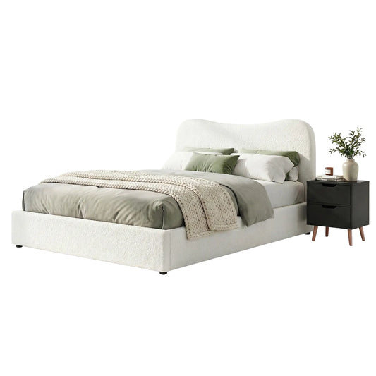 Artiss Double Bed Frame and Bedside Table Set Boucle Beige with Headboard Black Nightstand - Image 8