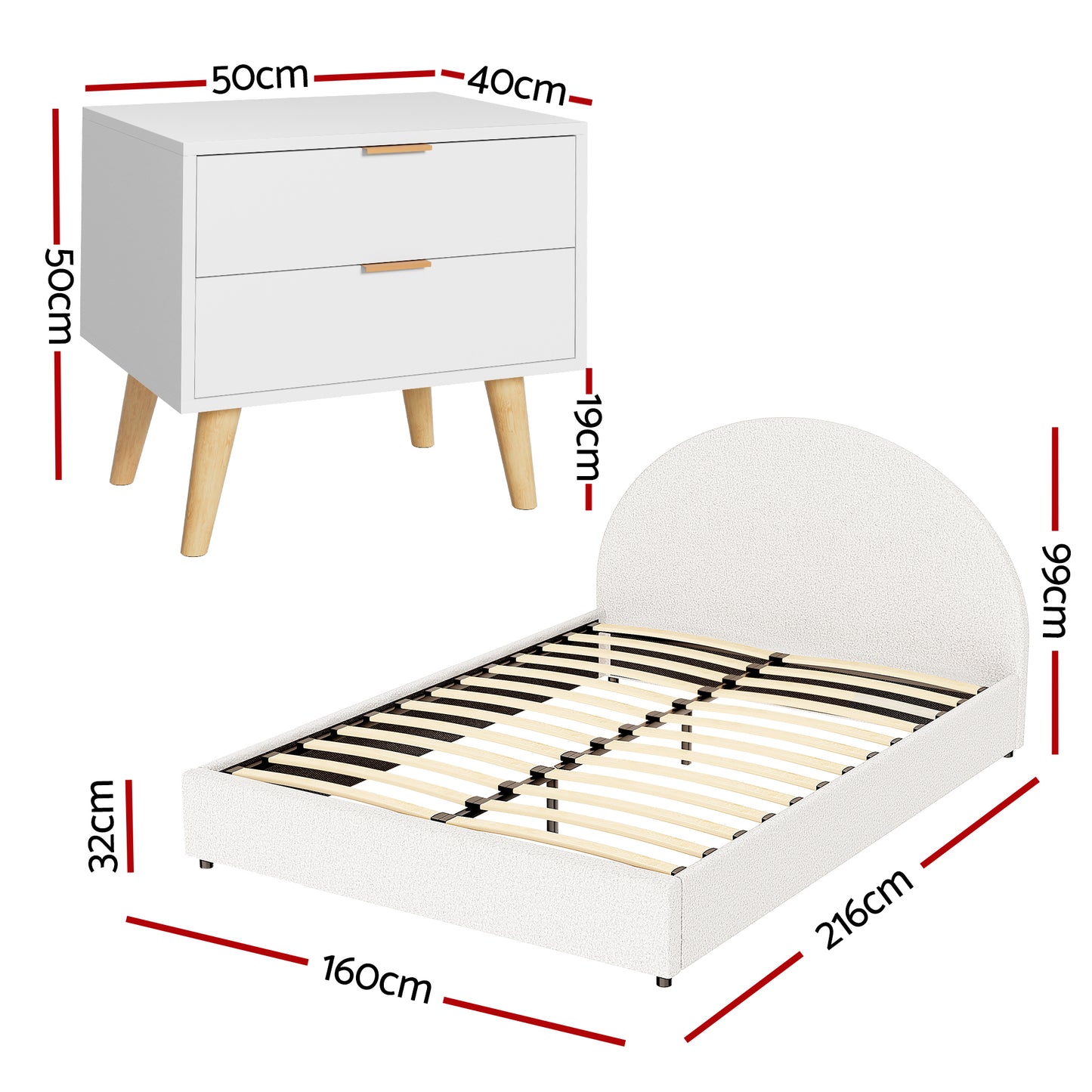 Artiss Queen Bed Frame Bedside Table Set Gas Lift Storage Base with Boucle Fabric Upholstered Headboard 2 Drawer Nightstand for Bedroom Furniture - Image 2