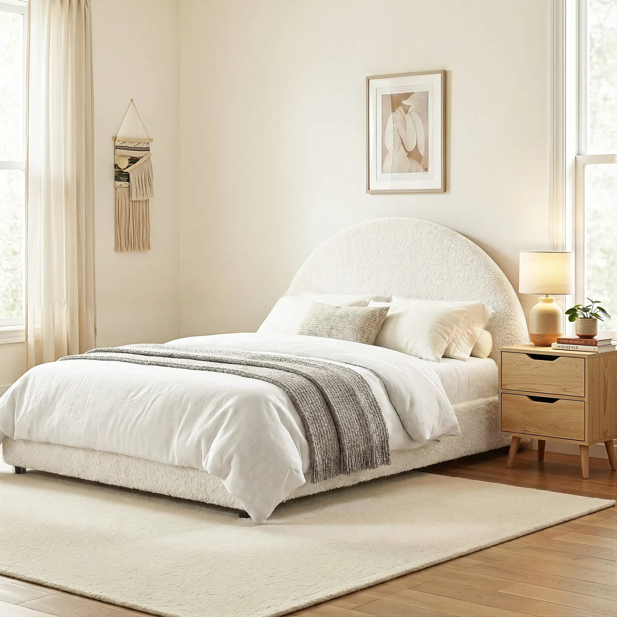 Artiss Gas Lift Queen Bed Frame with Bedside Table Set Boucle Fabric Upholstered Platform Bed Nightstand