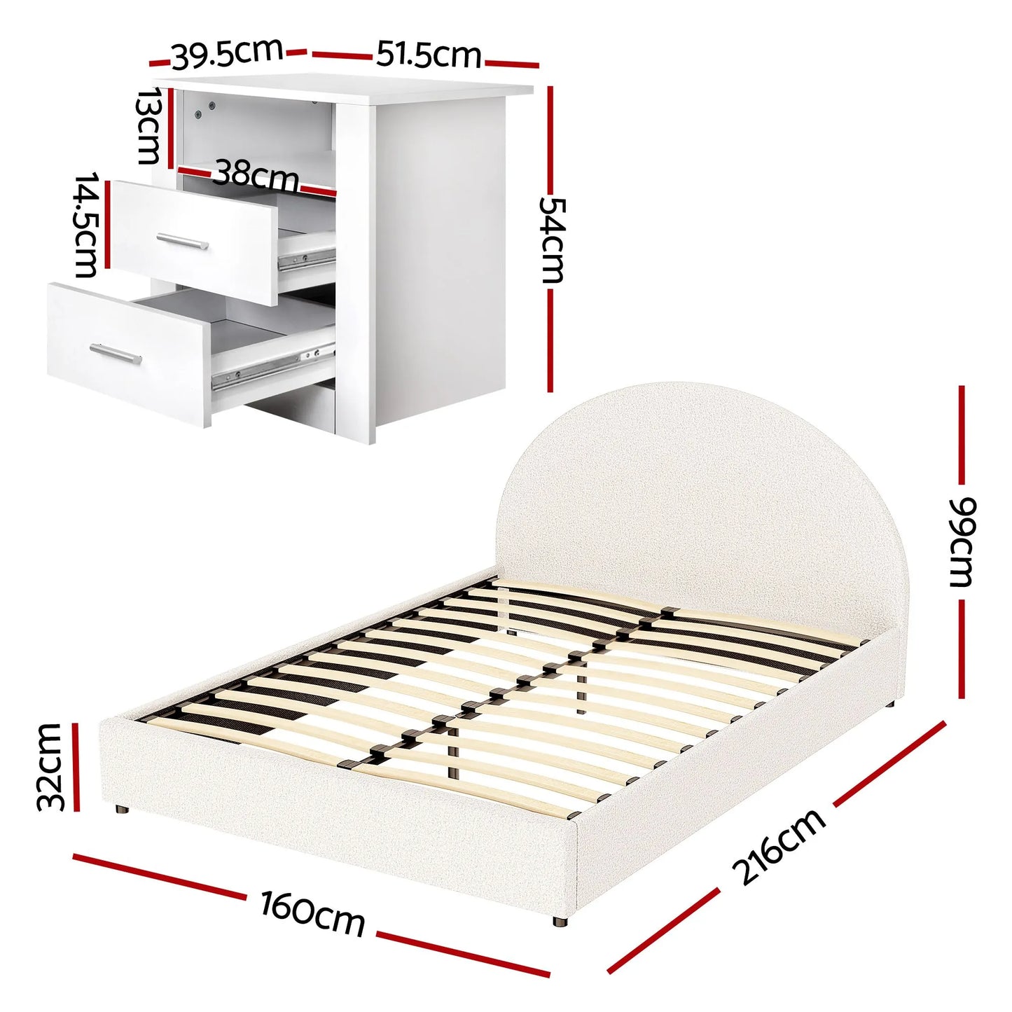 Artiss Queen Bed Frame with Storage and Bedside Table Set Boucle Fabric Gas Lift Bed Base 2-Drawer Nightstand - Image 3