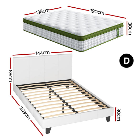 Artiss Double Bed Frame Platform White PVC Leather Hybrid Mattress Modern - Image 2