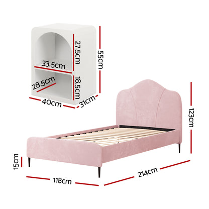 Artiss King Single Storage Bed Frame Velvet with Bedside Table Pink - Image 2