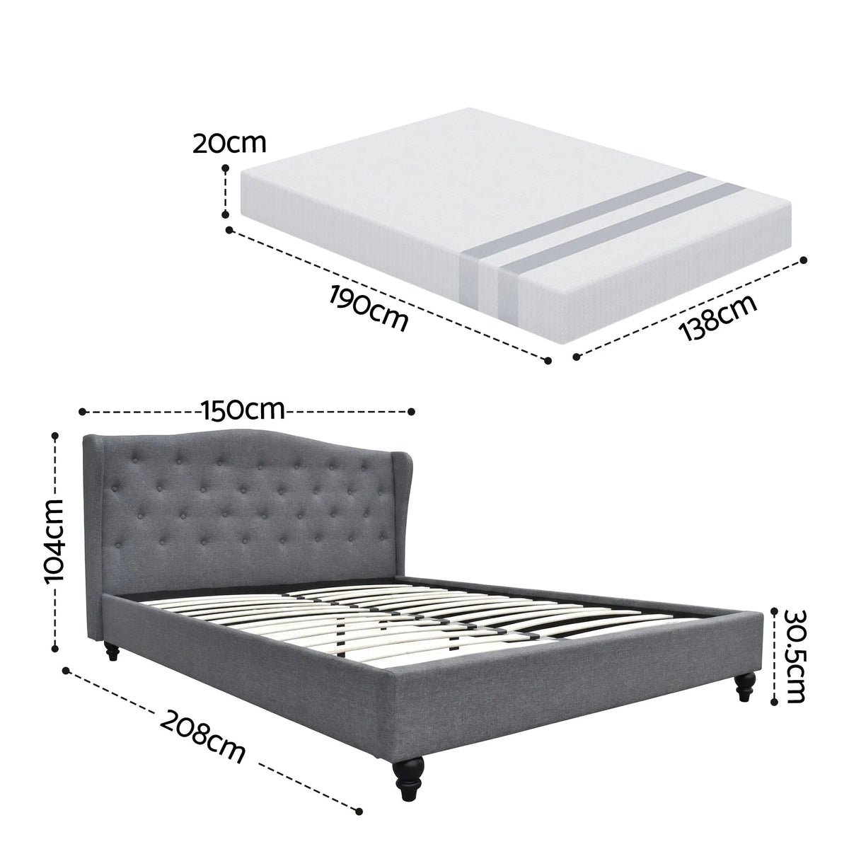 Artiss and BedStory Double Bed Frame and Mattress Set Memory Foam Cooling Gel Medium Soft Tufted Wing Headboard Grey - Image 3