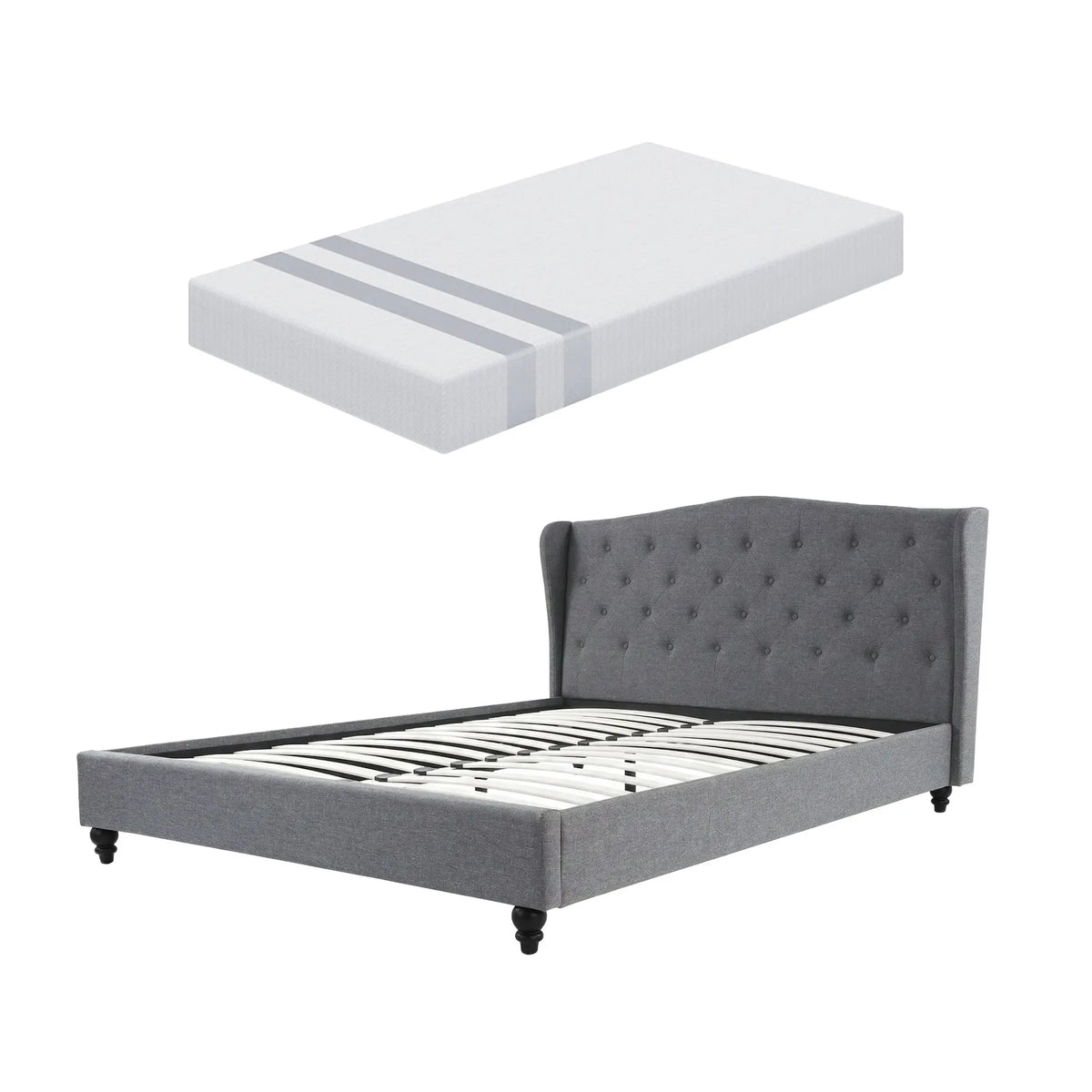 Artiss and BedStory Double Bed Frame and Mattress Set Memory Foam Cooling Gel Medium Soft Tufted Wing Headboard Grey - Image 4