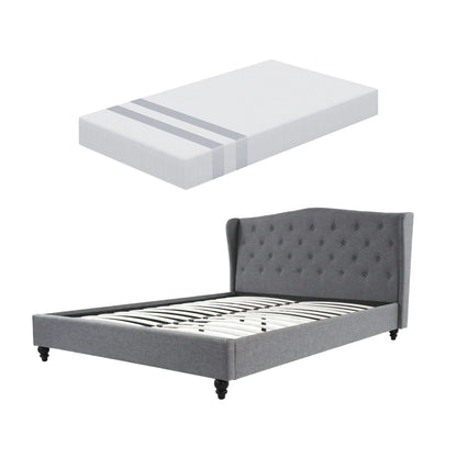 Artiss and BedStory Double Bed Frame and Mattress Set Memory Foam Cooling Gel Medium Soft Tufted Wing Headboard Grey - Image 4