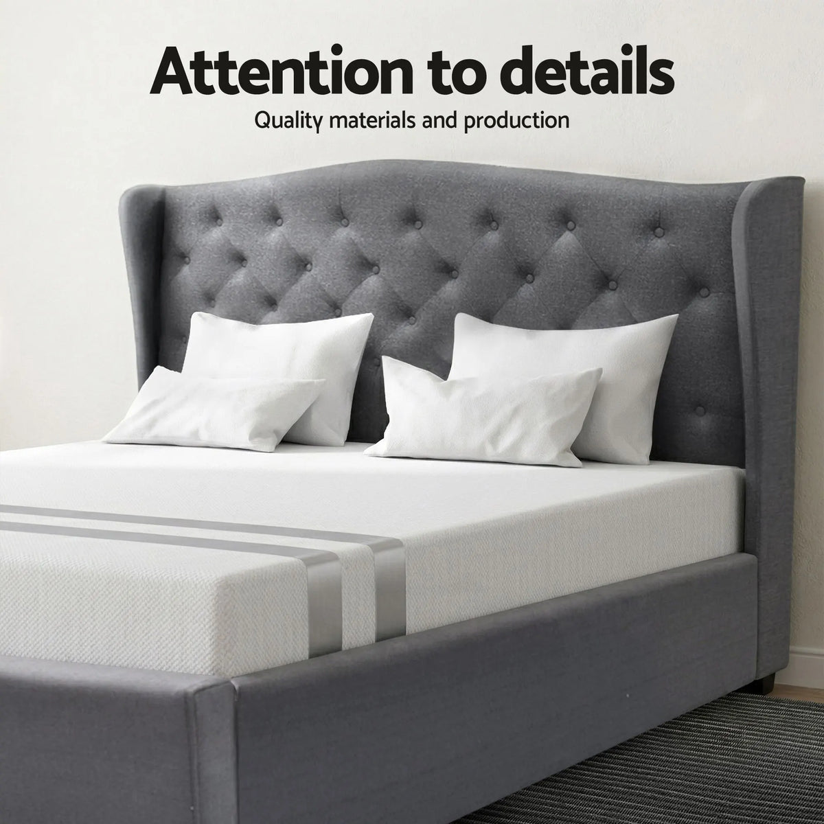 Artiss and BedStory Double Bed Frame and Mattress Set Memory Foam Cooling Gel Medium Soft Tufted Wing Headboard Grey - Image 5