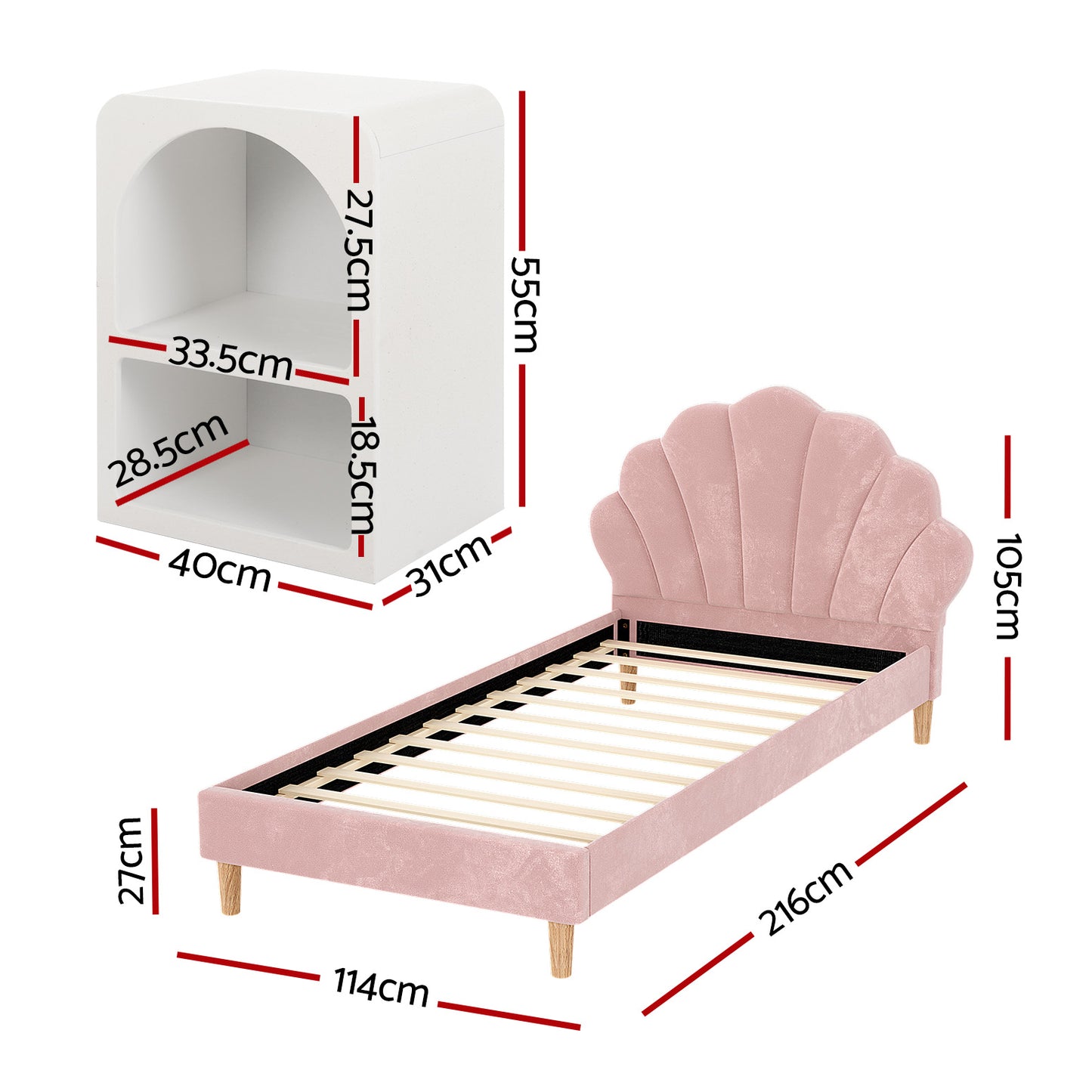 Artiss Bed Frame King Single with Bedside Table Set Scallop Headboard Pink Velvet Fabric Beds Base - Image 2