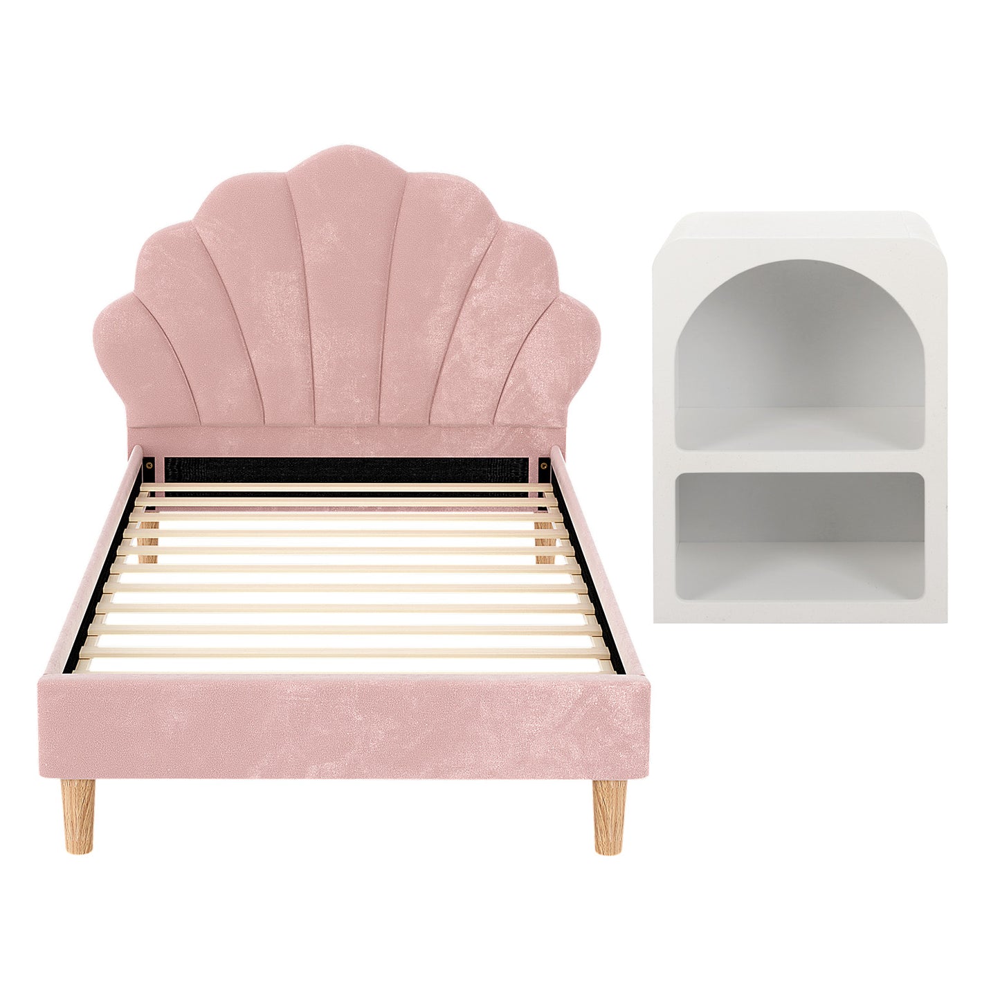 Artiss Bed Frame King Single with Bedside Table Set Scallop Headboard Pink Velvet Fabric Beds Base - Image 3