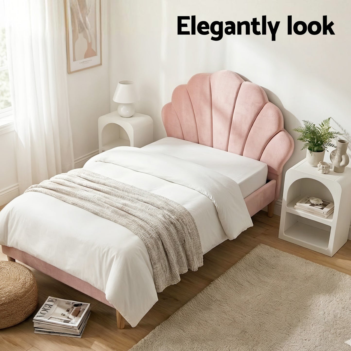 Artiss Bed Frame King Single with Bedside Table Set Scallop Headboard Pink Velvet Fabric Beds Base - Image 4