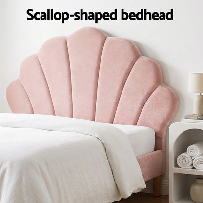 Artiss Bed Frame King Single with Bedside Table Set Scallop Headboard Pink Velvet Fabric Beds Base - Image 5