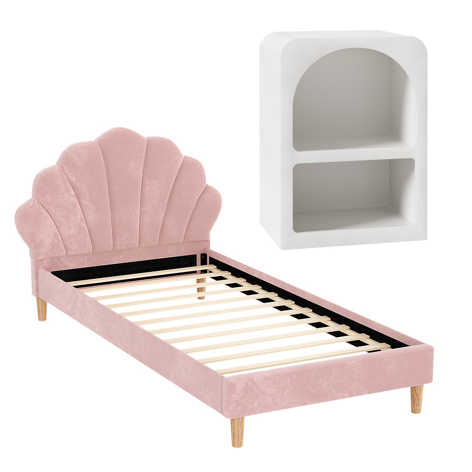 Artiss Bed Frame King Single with Bedside Table Set Scallop Headboard Pink Velvet Fabric Beds Base - Image 7