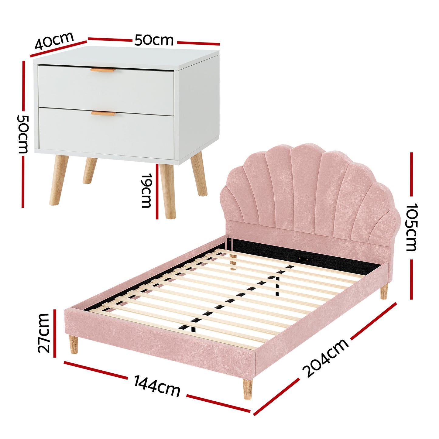Artiss Double Bed Frame Scallop Headboard Pink Velvet with 2 Drawer Bedside Table - Image 2