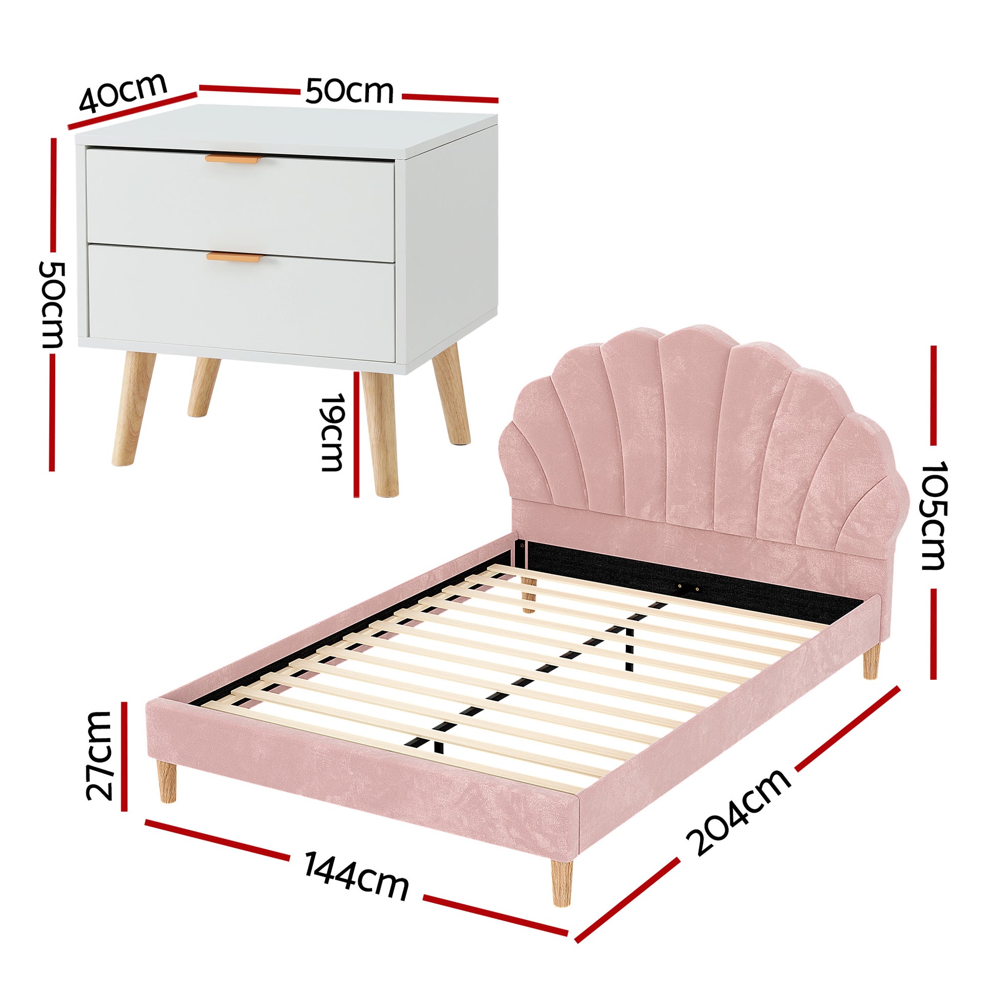 Artiss Double Bed Frame Scallop Headboard Pink Velvet with 2 Drawer Bedside Table - Image 2